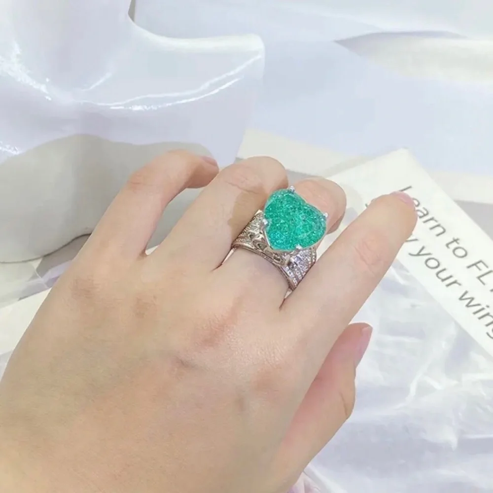 Ladies elegant large paraiba tourmaline emerald heart stone 925 ring 9 NIB